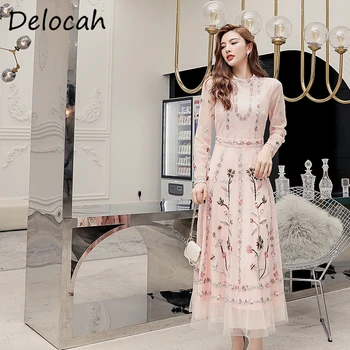 Delocah Sieviešu Rudens Modes Dizaineru Puses-Line Kleita Izšūšanas Ar Garām Piedurknēm, Augsta Vidukļa Elegants Bodycon Dāmas Midi Kleitas