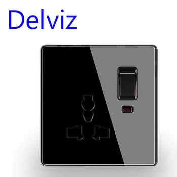 Delviz ES/UK Standarta universālā kontaktligzda ar zemējuma kontaktu, kristāla, stikla panelis, ieslēdziet vadības kārba, 13.A Multifunkcionāla 3-caurumu sienas kontaktligzdas