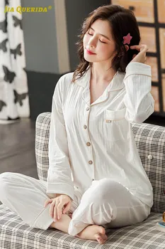 Dāmas Cieta Sieviete Pj Uzstādīt Pavasara Rudens Garas Piedurknes Garas Bikses Sleepwear Modes Stila Pidžamas Komplekts Pjs Sieviete Baltā Priekšā Kabatas