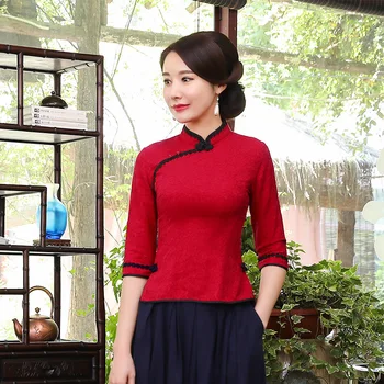 Dāmas Mežģīņu Blūze Cheongsam Blūze Sarkanā Mežģīņu Qipao Krekls Austrumu Topi Slim Tradicionālā Ķīniešu Retro ķīniešu Stila Apģērbu