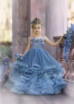 Dūmaka Zils Puķu Meitene Kleitas, Kāzu Mežģīnes 3D Ziedu Appliqued mazas Meitenes Grezna Kleita Diferencētas Svārki vestidos de desfile