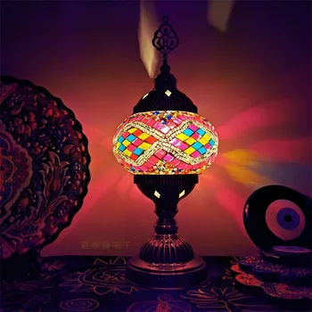 E14 Jaunākās Vidusjūras stilā Art Deco turku Mozaīkas Galda Lampa Handcrafted mozaīkas Stikla romantiska gulta gaismas