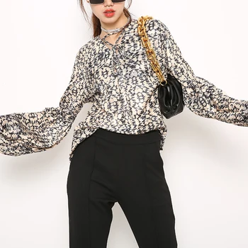 [EAM] Sieviešu Modelis Drukā Liela Izmēra Blūze Jaunu V-apkakli Ilgi Laternu Piedurknēm Loose Fit Krekls Modes Pavasara Rudens ir 2021. 1DD0055