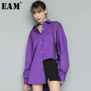 [EAM] Sieviešu Violeta Kroku Sadalīt Liela Izmēra Blūze Jaunu Atloks Ilgi Laternu Piedurknēm Loose Fit Krekls Modes Pavasara Rudens ir 2021. 1N531