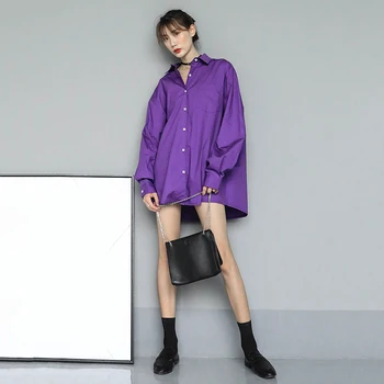 [EAM] Sieviešu Violeta Kroku Sadalīt Liela Izmēra Blūze Jaunu Atloks Ilgi Laternu Piedurknēm Loose Fit Krekls Modes Pavasara Rudens ir 2021. 1N531