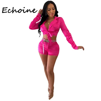 Echoine Modes 2 Gabals, Kas Sievietēm Fluorescence Savukārt Apkakle Ar Garām Piedurknēm Top + Īsās Bikses Vasaras Drēbes Sievietēm, Plus Siz
