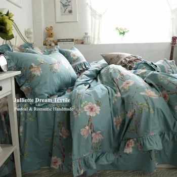 Eiropas jauno kokvilnas gultasveļas komplekts pastorālo drukāt savirmot sega sedz, romantisku gultas svārki kvalitātes pakaiši mājas tekstila gultas pārklāji