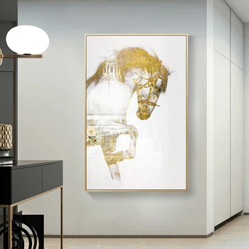 Eiropas Stila Zelta Zirgu Un Pilsētas Sienas Art Attēlus Dzīvojamā Istaba Plakāti un Izdrukas Mūsdienu Mākslas Drukāt Cuadros Apdare