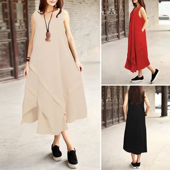 Elegants Vintage Zaudēt Piedurknēm Midi Vestidos Asimetriskas Kabatas ZANZEA Sievietes Kleitu Cietā Sundress Vasaras Drēbes Femme Plus Lieluma
