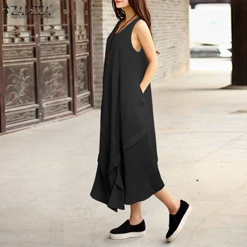 Elegants Vintage Zaudēt Piedurknēm Midi Vestidos Asimetriskas Kabatas ZANZEA Sievietes Kleitu Cietā Sundress Vasaras Drēbes Femme Plus Lieluma