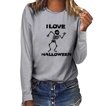 Es Mīlu Halloween Cilvēka Skelets Iespiests ar garām Piedurknēm T-krekli, Sieviešu Rudens Ziemas Grafikas Tees Sieviešu Modes Goth Sieviešu Topi