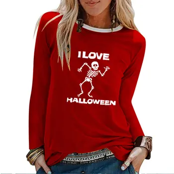 Es Mīlu Halloween Cilvēka Skelets Iespiests ar garām Piedurknēm T-krekli, Sieviešu Rudens Ziemas Grafikas Tees Sieviešu Modes Goth Sieviešu Topi