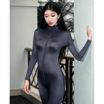 Eļļa, Spīdīga Ar Garām Piedurknēm Ar Rāvējslēdzēju Atvērt Kājstarpes Bodysuit Sexy Bodystocking Catsuit Bodycon Jumpsuit (Dungriņi) Combinaison Femme Ķermeņa