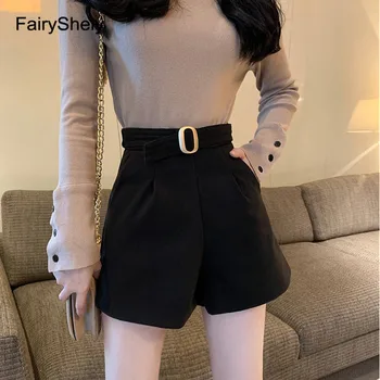 FairyShely 2020. gada Vasaras Black High Waist Šorti Sieviešu Vintage Jostu Wide Kāju Vilnas Bikses Dāmas Gadījuma Plus Lieluma Šorti Femme XL