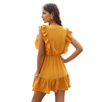 Forefair Sexy Sievietes Kleitu Savirmot 2020 Pie Pleca Tunika Augsta Vidukļa Puse V Kakla Gadījuma Boho Beach Dzeltena Sievietes Vasaras Kleita
