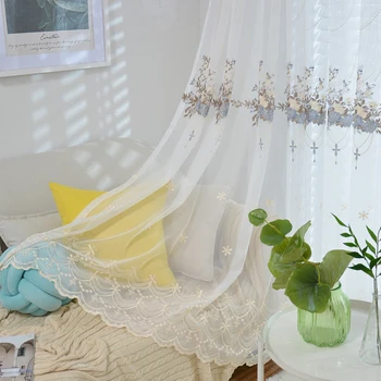 Francijas Romantiska Izšūti Voile Loga Aizkars ar Ziedu Dizainu Dzīvojamā Istaba Milzīgais Auduma Apstrādes M&063#40
