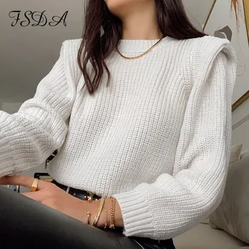 FSDA garām Piedurknēm Ikdienas Džemperis Sieviešu Mode Rudens Ziema Ir 2021. Trikotāžas Džemperis Top Baltā O Kakla Džemperis Melnā Brīvs