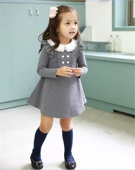 . gada pavasara rudens jaunas ielidošanas kokvilnas meitene korejas drēbes lelli, apkakles long piedurknēm gadījuma meitenēm-line mini kleita kids apģērba