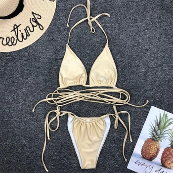 GNIM Sexy Brazīlijas Bikini, Sandales Mujer Peldkostīmi Sieviešu 2019 Pārsējs Cietā Peldkostīmu Mikro Bikini Komplekts Vasaras Beachwear Peldēties Uzvalku