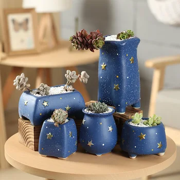 Golden Star un Blue Krāsa Puķu Pods Sulīgs Kaktusu Podu Augu Dārza Keramikas Pods Āra Dārza Mājas