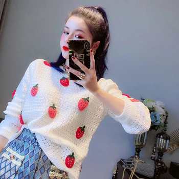 Gudrs Kawaii Zemeņu Modelis Dāmas Džemperis Korejiešu Stilā Zaudēt Īsā Salds Gadījuma Adīts Silts Crochetted Top C-236