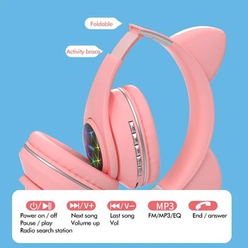Gudrs Kaķis Bluetooth 5.0 Bezvadu Austiņas Hifi Mūzika Stereo Bass Austiņas LED Gaismas Mobilo Telefonu Meitene Meita Austiņas PC