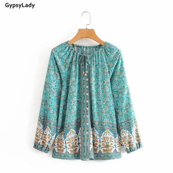 GypsyLady Vintage Ziedu Boho Krekls, Blūze Zaļā Sieviešu Gadījuma Šiks Blūzes Top Ilgi, Laternas Piedurknes Pogu Priekšpusē Svētku Blūze