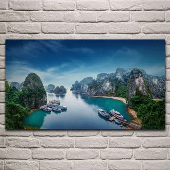 Halong bay dabas skaistums-ainava, zilas upes, jūras ūdens, kalnu dzīvojamā istaba dekori mājas mākslas dekori koka rāmis, auduma plakāts KF984