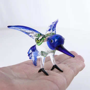 H&D Roku darbs Izpūstas Mini Putnu Stikla Statuetes Mākslas Zilā Kolibri ar Garu Knābi Stikla Skulptūras Dekori Radošo Amatniecības Dāvanas