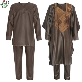 H&D Āfrikas Tradicionālo Oficiālu Agbada Vīriešiem Dashiki 3 GAB Uzvalks Drēbes, Krekls, Bikses Kopa Izšuvumu Brūnā Drēbes Kāzu Apģērbs ir 2021.