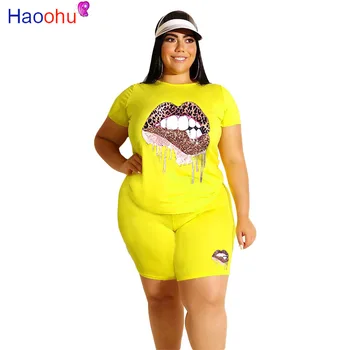 HAOOHU Plus Lieluma XL-5XL 2020. gada Vasaras Sievietēm Komplekti, Treniņtērpi Īsām Piedurknēm Top Bikses, Uzvalks Divas Gabals, kas Print Gadījuma Fitnesa Tērpiem