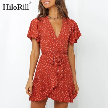 HiloRill 2020. Gadam Ziedu Drukāt Savirmot Mini Kleita Sievietēm Vasarā Boho V Kakla Wrap Kleitas Ikdienas Īsās Piedurknes Beach Sundress Vestido