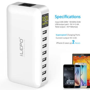 ILEPO LED Displejs, 8 Portu USB lādētājs Smart HUB Ātri Uzlādēt USB Multi-ports Uzlādes Staciju Mobilā Tālruņa Darbvirsmas Sienas Mājās