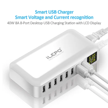ILEPO LED Displejs, 8 Portu USB lādētājs Smart HUB Ātri Uzlādēt USB Multi-ports Uzlādes Staciju Mobilā Tālruņa Darbvirsmas Sienas Mājās