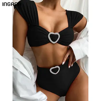 INGAGA Augsta Vidukļa Bikini Komplekts Push Up Peldkostīms Sieviete Ir 2021. Black Peldkostīmi Sieviešu Sexy Ruched Biquini peldkostīms Sievietēm Peldētāju