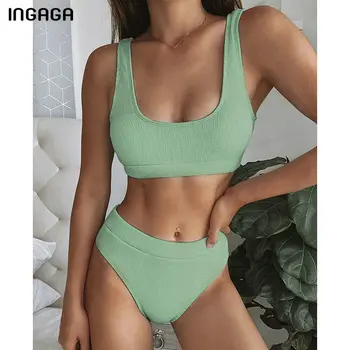 INGAGA ir 2021. Bikini noteikts Augsts Viduklis Peldkostīmu Sieviešu Cietā Salātu Peldkostīmi Sieviešu Biquini peldkostīmu Push Up Divus gabalus, Bikini