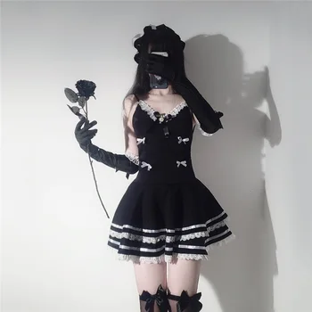 Ir 2021. Jauna Seksīga Meitene Cosplay Kostīmi Cute Melnā Kleita Un Sandales Sexy Anime Skolā Meitene Gothic Apģērbs Sieviete Ar Cepuri un Cimdiem
