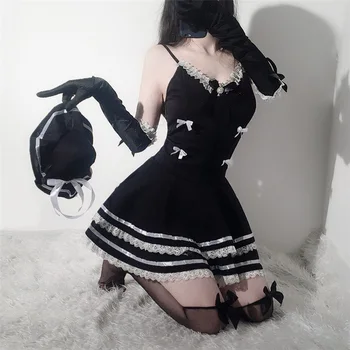 Ir 2021. Jauna Seksīga Meitene Cosplay Kostīmi Cute Melnā Kleita Un Sandales Sexy Anime Skolā Meitene Gothic Apģērbs Sieviete Ar Cepuri un Cimdiem