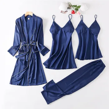 Ir 2021. Jaunu Sieviešu Pidžamas Gadījuma Satīna 4GAB Drēbes, Uzstādīt Sleepwear Sexy Intīmas Apakšveļa Peldmētelis Kimono Kleita Mežģīņu Naktsveļu