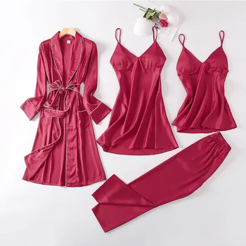 Ir 2021. Jaunu Sieviešu Pidžamas Gadījuma Satīna 4GAB Drēbes, Uzstādīt Sleepwear Sexy Intīmas Apakšveļa Peldmētelis Kimono Kleita Mežģīņu Naktsveļu