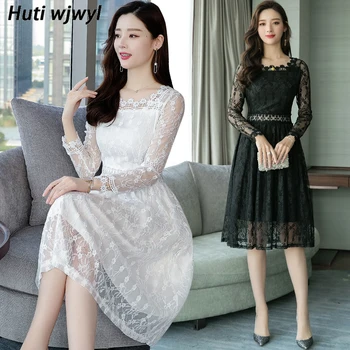 Ir 2021. Korejas Balta Mežģīņu Sexy Midi Kleita Rudens Vintage Plus Lieluma Garām Piedurknēm Kleitas, Sievietēm, Eleganta Bodycon Melnā Puse Vestidos