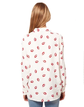 Ir 2021. Modes Stand Apkakli Sarkana Lūpu Drukāt Balta Šifona Blūze Dāmu Krekls ar garām Piedurknēm Blūze Sieviešu Blūze Plus Izmērs XXL Jauka Cena