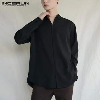 Ir 2021. Modes Vīrieši Kleita Krekls ar garām Piedurknēm, V veida Kakla Gadījuma Zīmola Krekli Vīriešu Cietā Šiks Streetwear korejiešu Stila Blūze S-5XL INCERUN