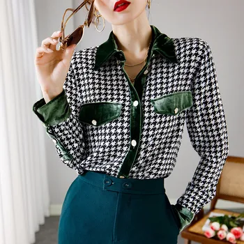 Ir 2021. Pavasara Luksusa Zīda Blūze Sievietēm Elegants Vintage Samta Raibs Houndstooth Drukāt Gadījuma Uzņēmuma Birojā Krekls