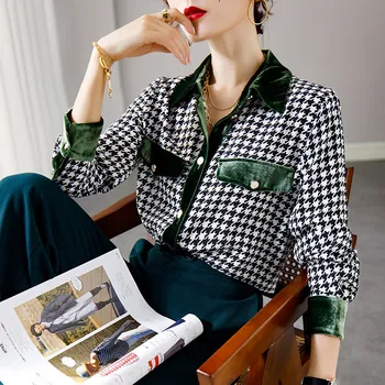 Ir 2021. Pavasara Luksusa Zīda Blūze Sievietēm Elegants Vintage Samta Raibs Houndstooth Drukāt Gadījuma Uzņēmuma Birojā Krekls