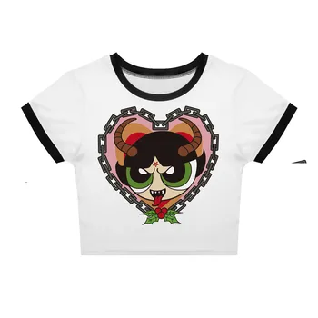 Ir 2021. Vasaras Sieviešu Modes Balta, Rozā T-krekls Smieklīgi Karikatūra Powerpuff Girls Iespiests T krekls Dāmas Puse Mājas Sexy Slim Valkāt t-veida
