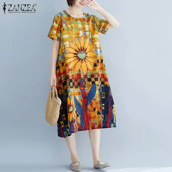 Ir 2021. Vasaras Īsām Piedurknēm Ziedu Printed Kleita ZANZEA Vintage Gadījuma Sundress Sieviešu Kokvilnas Veļa Vestidos Sieviešu Kaftan Drēbes 5XL