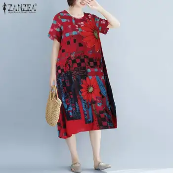 Ir 2021. Vasaras Īsām Piedurknēm Ziedu Printed Kleita ZANZEA Vintage Gadījuma Sundress Sieviešu Kokvilnas Veļa Vestidos Sieviešu Kaftan Drēbes 5XL