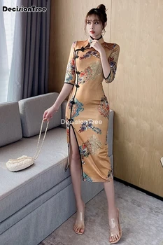 Ir 2021. ķīniešu kleita sexy cheongsam ilgi qipao cheongsam kleita dobi no viedokļa satīna kleita naktsklubs elegants puse kleita