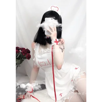 Japāņu Erotiska Cosplay Māsa Sexy Kostīmi Ruffles Backless Pidžamu Mini Bodycon Kleita, Cepure, Babydoll Biksītes Mežģīnes Sleepwear Komplekts